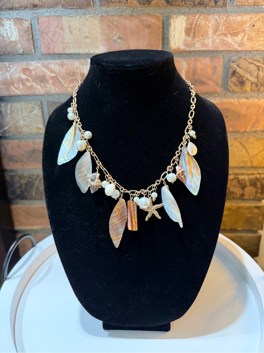 Gold-tone Chain Necklace & Earrings with faux Shell Charms and Pearls